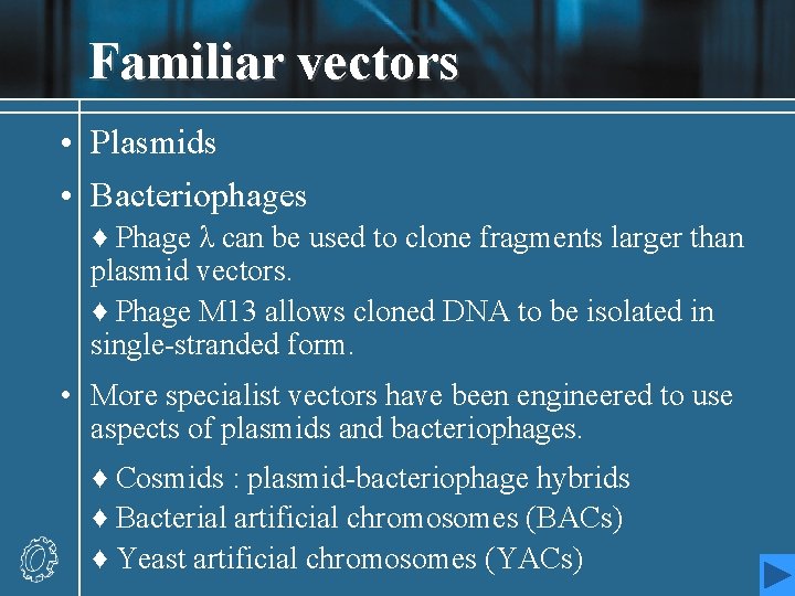 Familiar vectors • Plasmids • Bacteriophages ♦ Phage λ can be used to clone