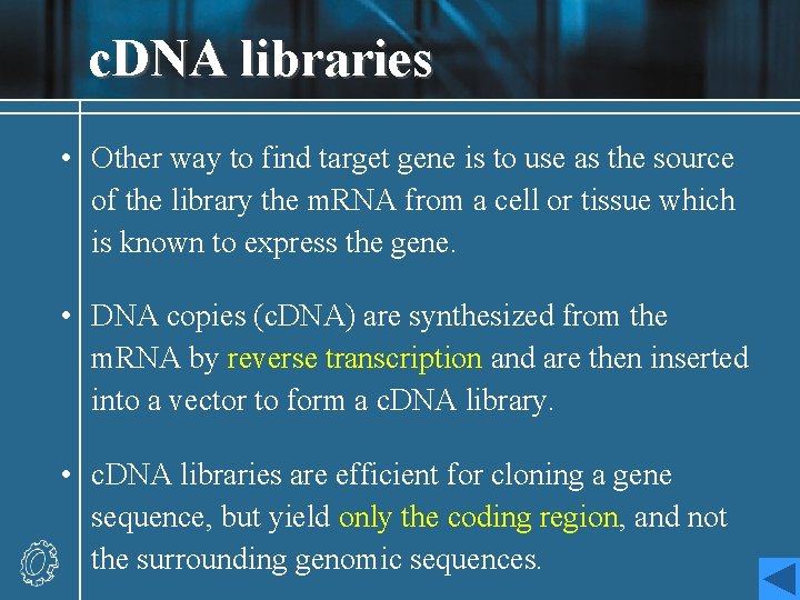 c. DNA libraries • Other way to find target gene is to use as