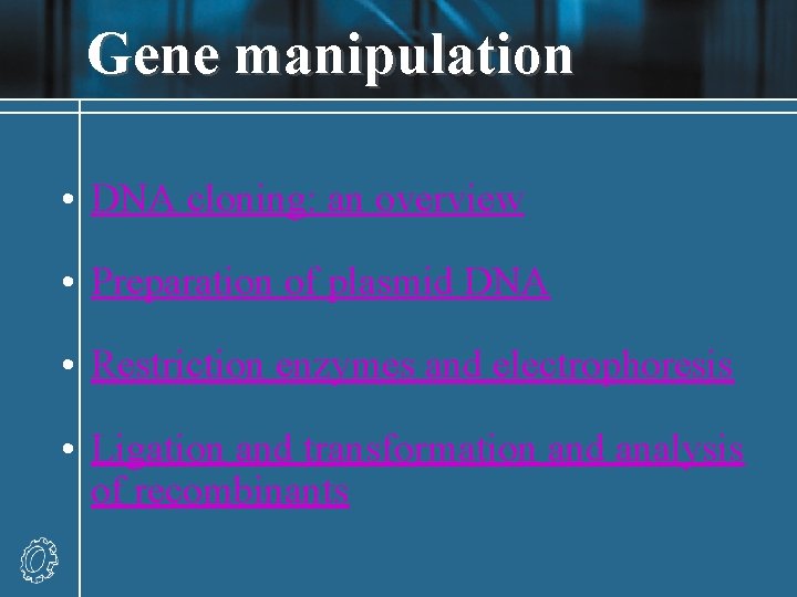 Gene manipulation • DNA cloning: an overview • Preparation of plasmid DNA • Restriction