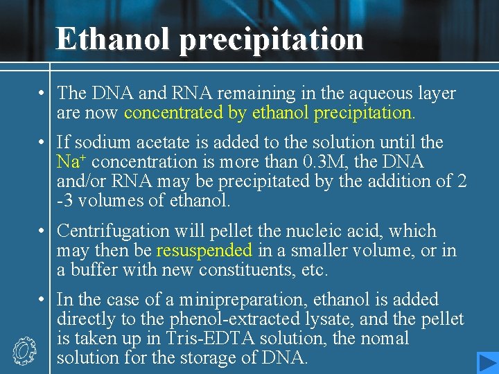 Ethanol precipitation • The DNA and RNA remaining in the aqueous layer are now