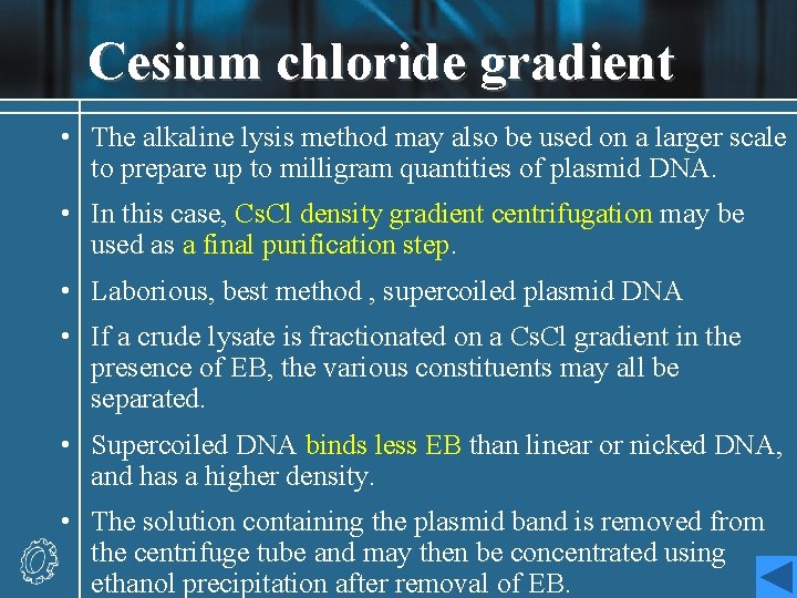 Cesium chloride gradient • The alkaline lysis method may also be used on a