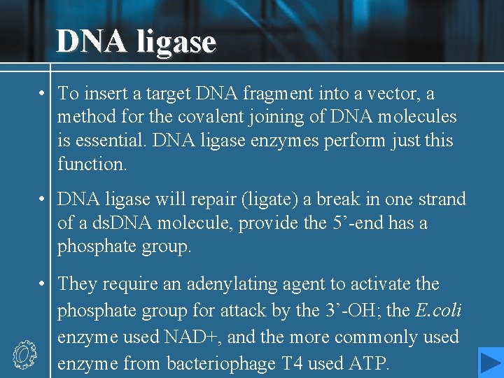 DNA ligase • To insert a target DNA fragment into a vector, a method