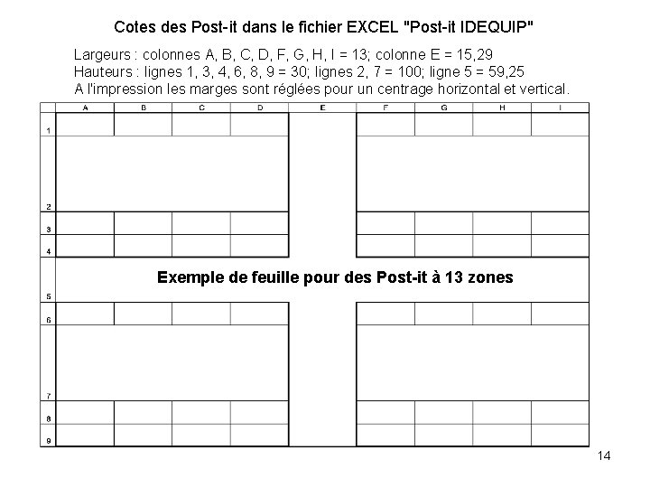 Cotes des Post-it dans le fichier EXCEL "Post-it IDEQUIP" Largeurs : colonnes A, B,