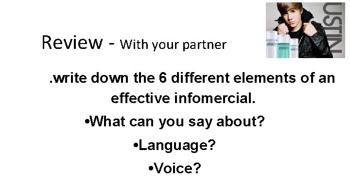Review - With your partner. write down the 6 different elements of an effective