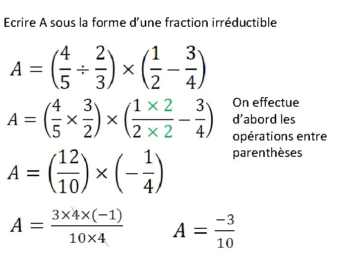 Ecrire A sous la forme d’une fraction irréductible On effectue d’abord les opérations entre