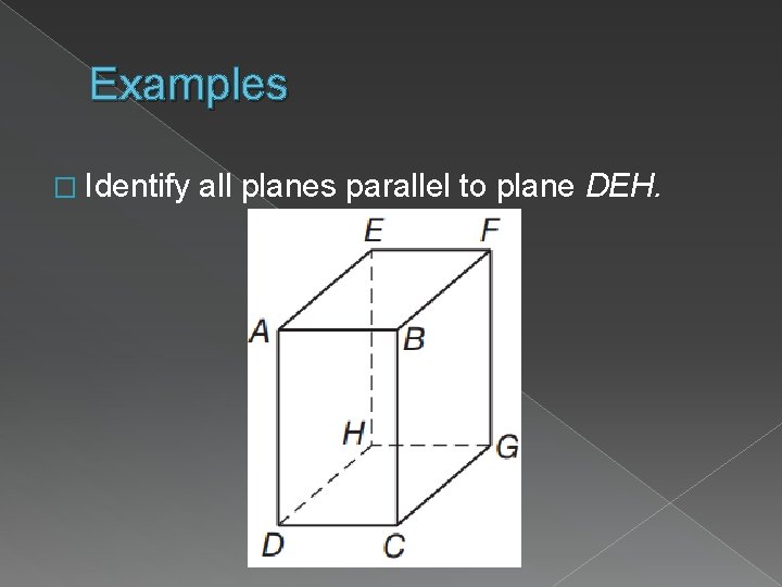 Examples � Identify all planes parallel to plane DEH. 