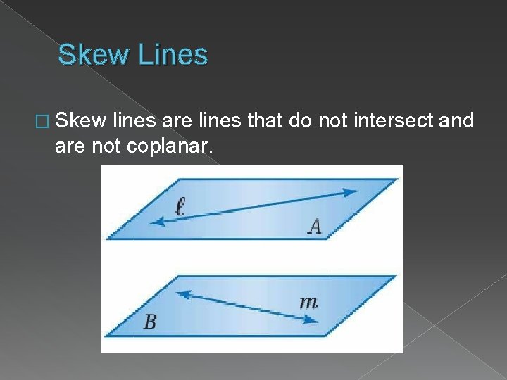 Skew Lines � Skew lines are lines that do not intersect and are not