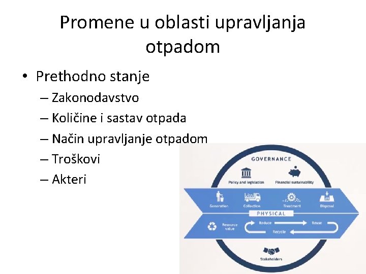 Promene u oblasti upravljanja otpadom • Prethodno stanje – Zakonodavstvo – Količine i sastav