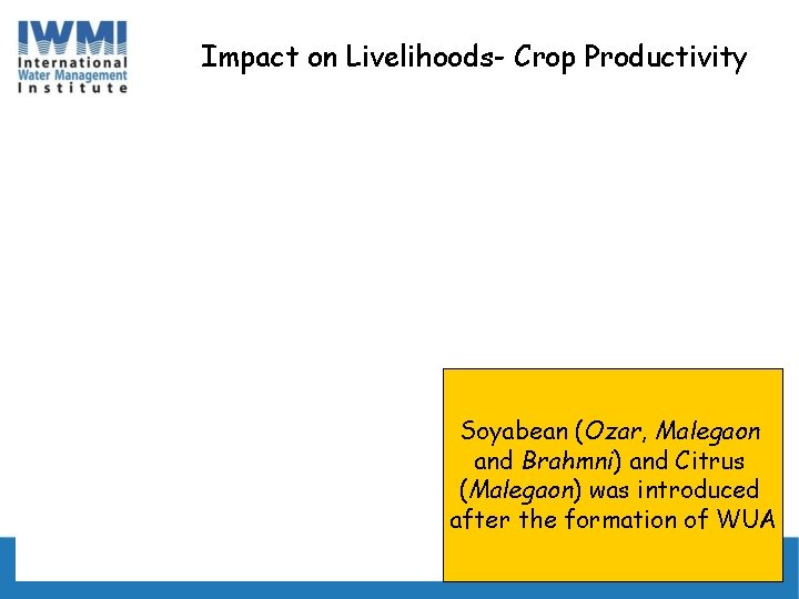 Impact on Livelihoods- Crop Productivity Soyabean (Ozar, Malegaon and Brahmni) and Citrus (Malegaon) was