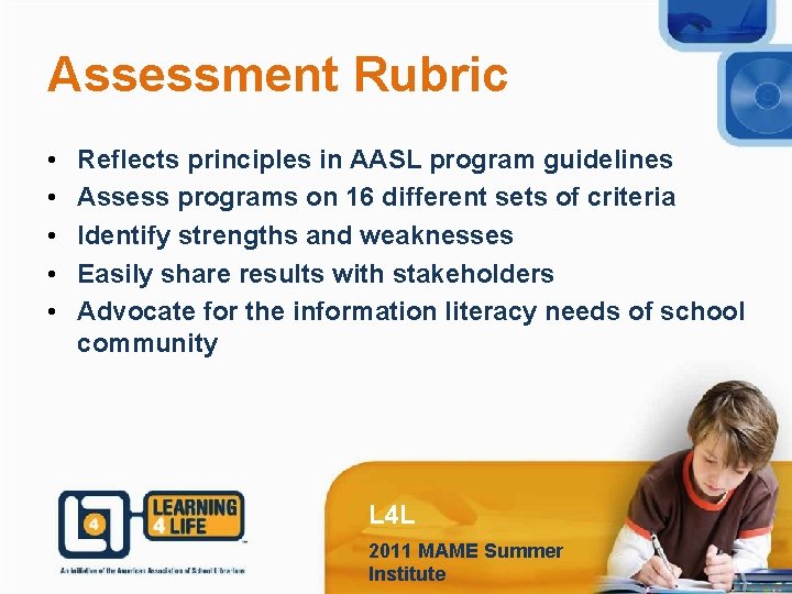 Assessment Rubric • • • Reflects principles in AASL program guidelines Assess programs on