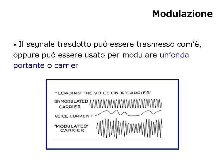 Modulazione • Il segnale trasdotto può essere trasmesso com’è, oppure può essere usato per