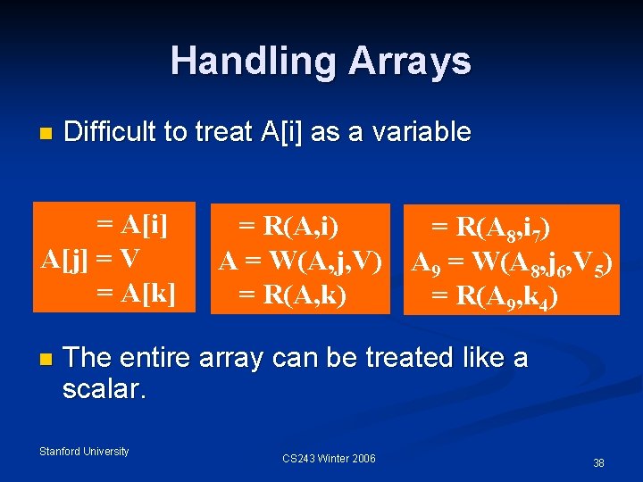 Handling Arrays n Difficult to treat A[i] as a variable = A[i] A[j] =