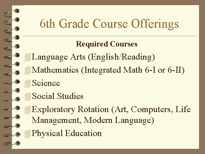 6 th Grade Course Offerings Required Courses 4 Language Arts (English/Reading) 4 Mathematics (Integrated