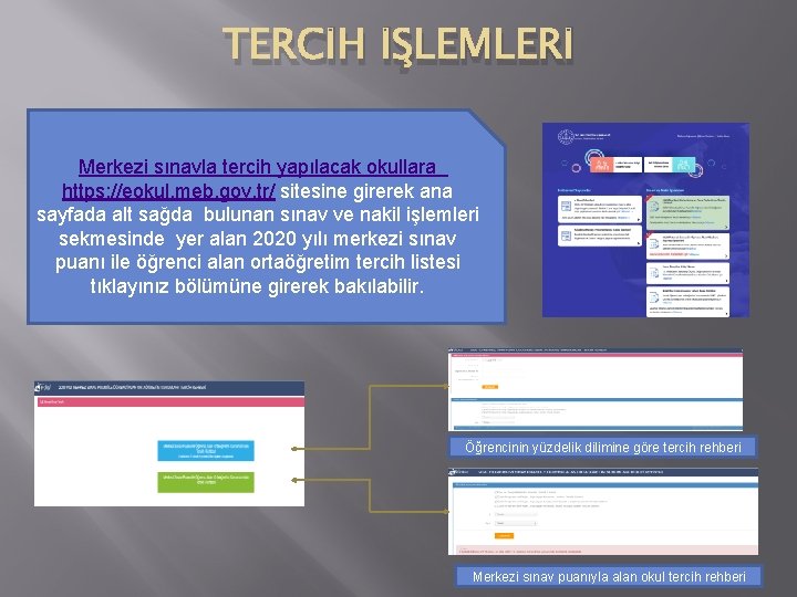 TERCİH İŞLEMLERİ Merkezi sınavla tercih yapılacak okullara https: //eokul. meb. gov. tr/ sitesine girerek