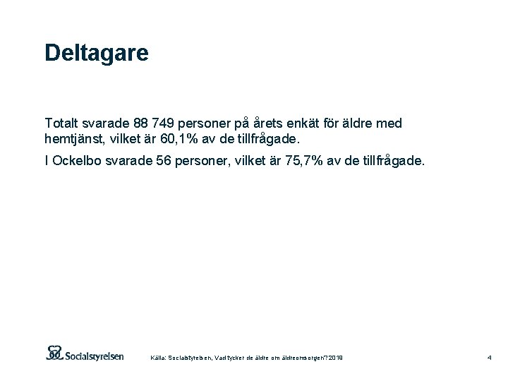 Deltagare Totalt svarade 88 749 personer på årets enkät för äldre med hemtjänst, vilket