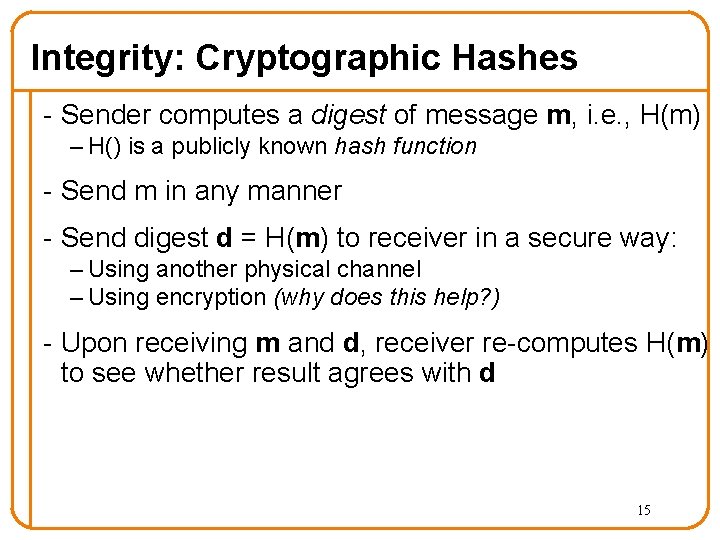 Integrity: Cryptographic Hashes - Sender computes a digest of message m, i. e. ,