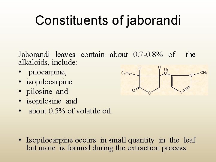 Constituents of jaborandi Jaborandi leaves contain about 0. 7 -0. 8% of alkaloids, include: