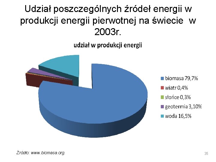 Udział poszczególnych źródeł energii w produkcji energii pierwotnej na świecie w 2003 r. Źródło:
