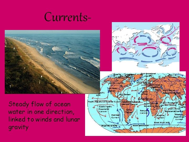 Currents- Steady flow of ocean water in one direction, linked to winds and lunar