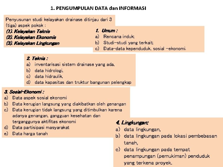 1. PENGUMPULAN DATA dan INFORMASI Penyusunan studi kelayakan drainase ditinjau dari 3 (tiga) aspek