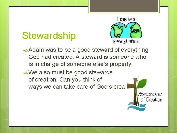 Stewardship Adam was to be a good steward of everything God had created. A