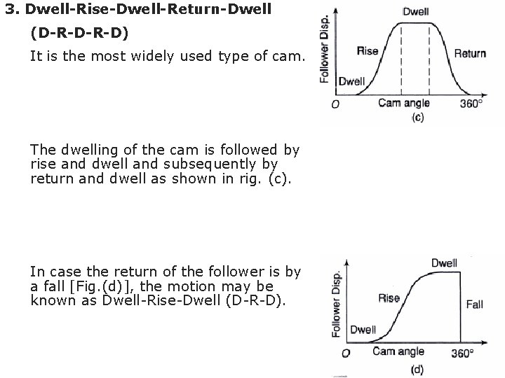 3. Dwell-Rise-Dwell-Return-Dwell (D-R-D) It is the most widely used type of cam. The dwelling