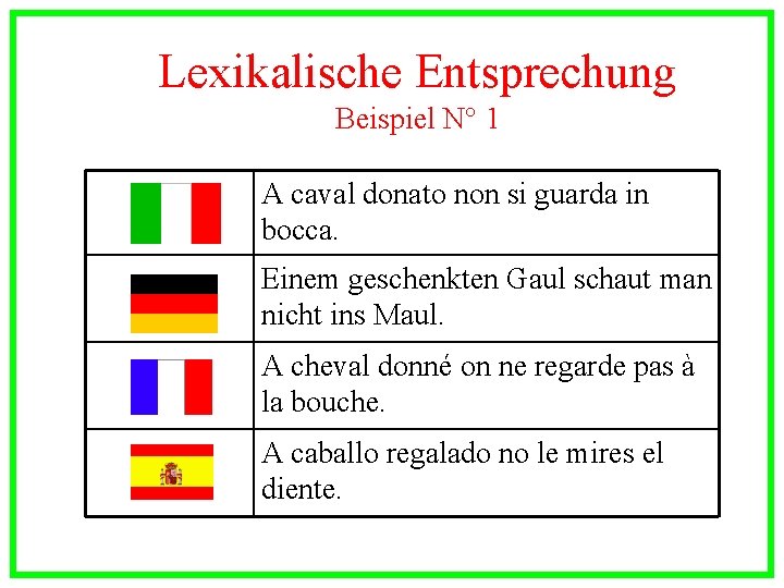 Lexikalische Entsprechung Beispiel N° 1 A caval donato non si guarda in bocca. Einem