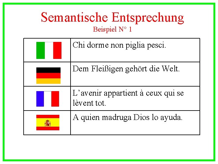 Semantische Entsprechung Beispiel N° 1 Chi dorme non piglia pesci. Dem Fleißigen gehört die