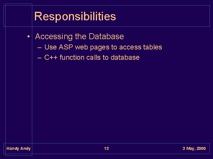Responsibilities • Accessing the Database – Use ASP web pages to access tables –