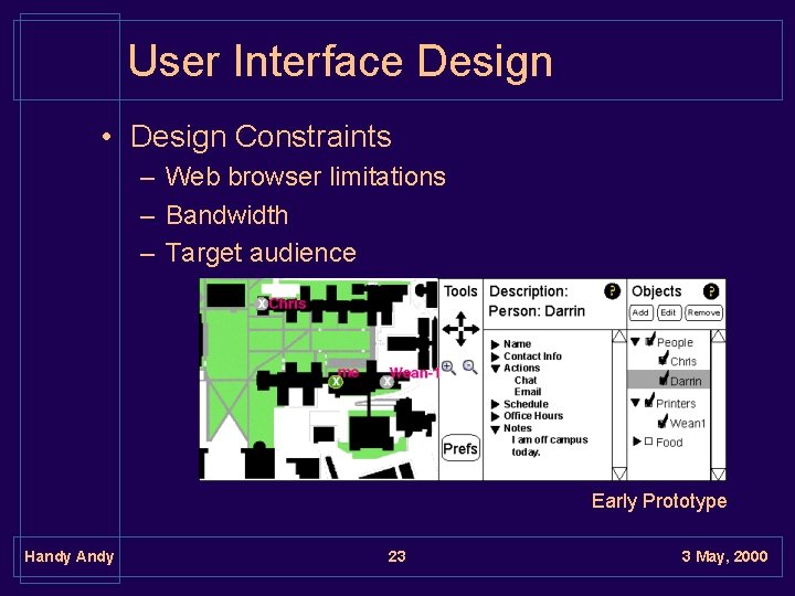 User Interface Design • Design Constraints – Web browser limitations – Bandwidth – Target