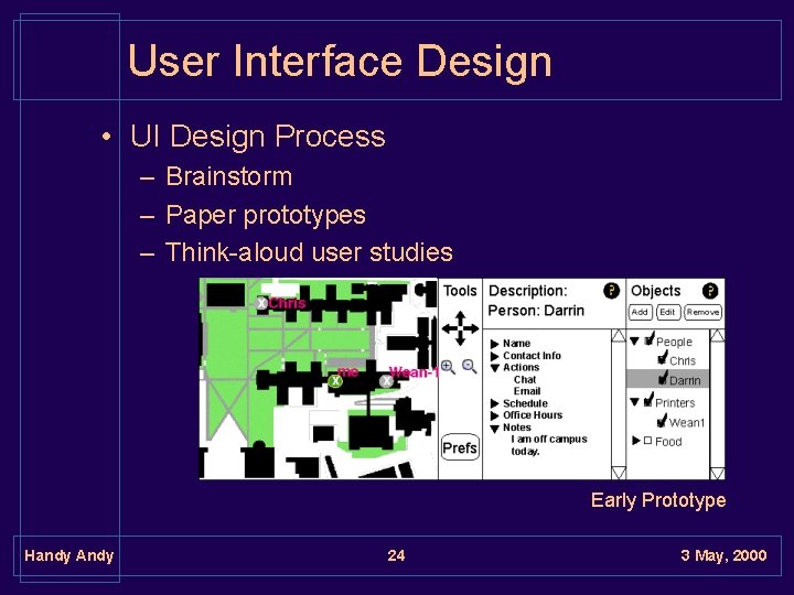 User Interface Design • UI Design Process – Brainstorm – Paper prototypes – Think-aloud