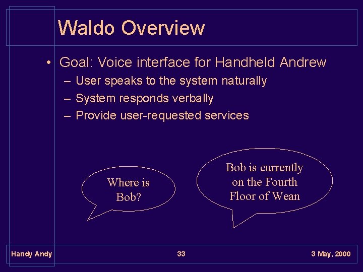 Waldo Overview • Goal: Voice interface for Handheld Andrew – User speaks to the