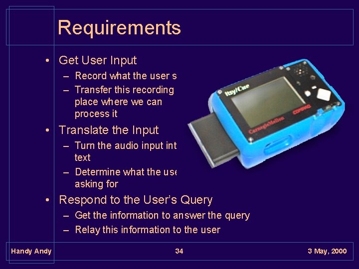 Requirements • Get User Input – Record what the user said – Transfer this