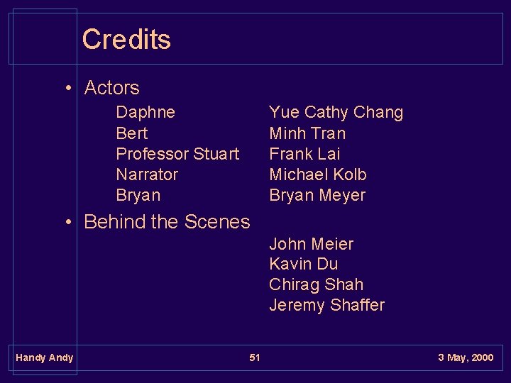 Credits • Actors Daphne Bert Professor Stuart Narrator Bryan Yue Cathy Chang Minh Tran