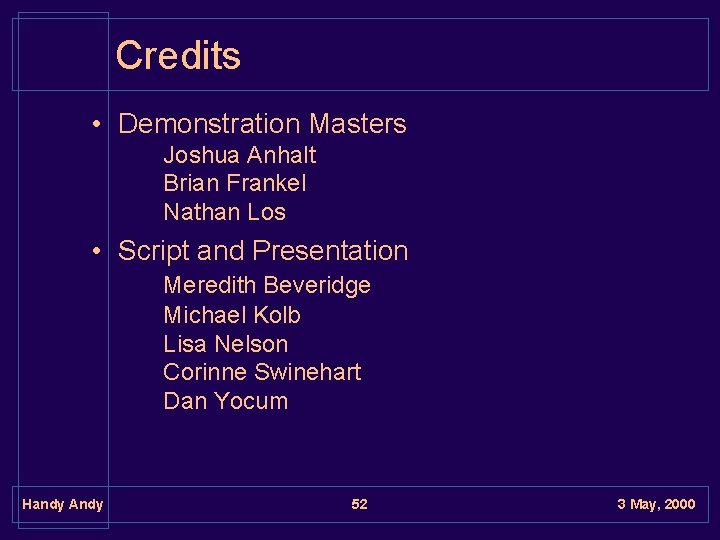 Credits • Demonstration Masters Joshua Anhalt Brian Frankel Nathan Los • Script and Presentation