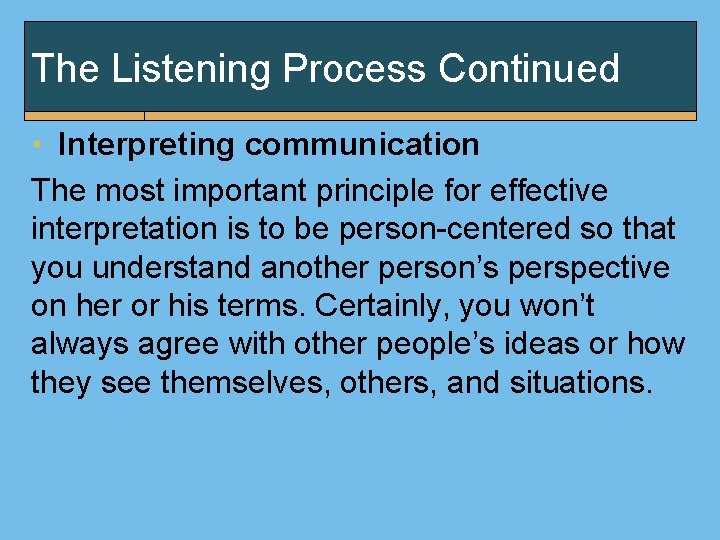 The Listening Process Continued • Interpreting communication The most important principle for effective interpretation