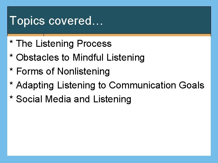 Topics covered… * The Listening Process * Obstacles to Mindful Listening * Forms of