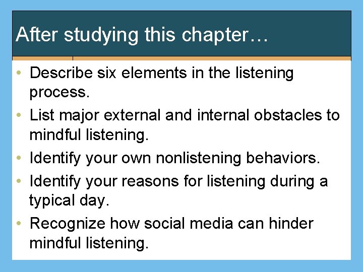 After studying this chapter… • Describe six elements in the listening process. • List