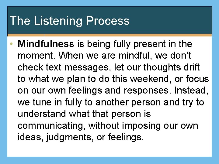 The Listening Process • Mindfulness is being fully present in the moment. When we