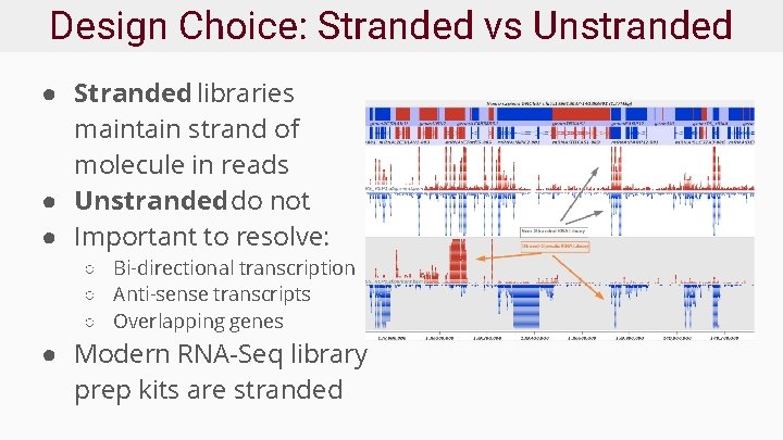 Design Choice: Stranded vs Unstranded ● Stranded libraries maintain strand of molecule in reads
