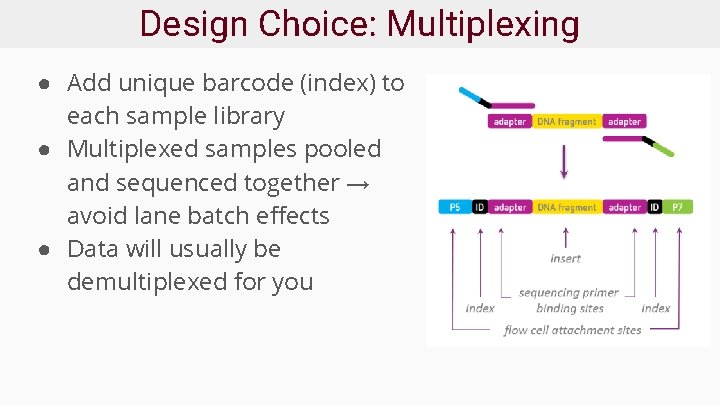 Design Choice: Multiplexing ● Add unique barcode (index) to each sample library ● Multiplexed