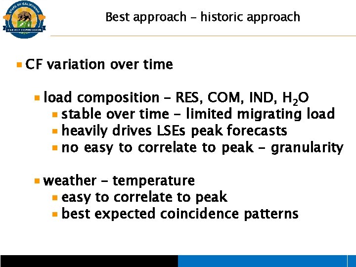 Best approach – historic approach CF variation over time load composition – RES, COM,