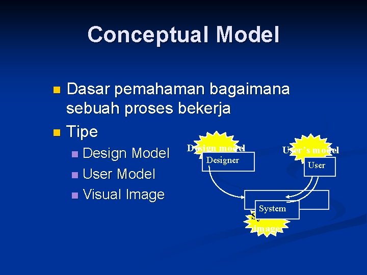 Conceptual Model Dasar pemahaman bagaimana sebuah proses bekerja n Tipe n Design Model n