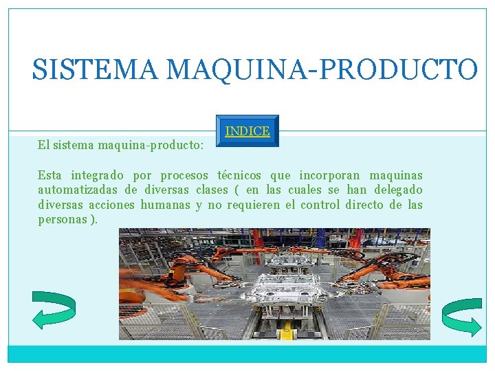 SISTEMA MAQUINA-PRODUCTO El sistema maquina-producto: INDICE Esta integrado por procesos técnicos que incorporan maquinas