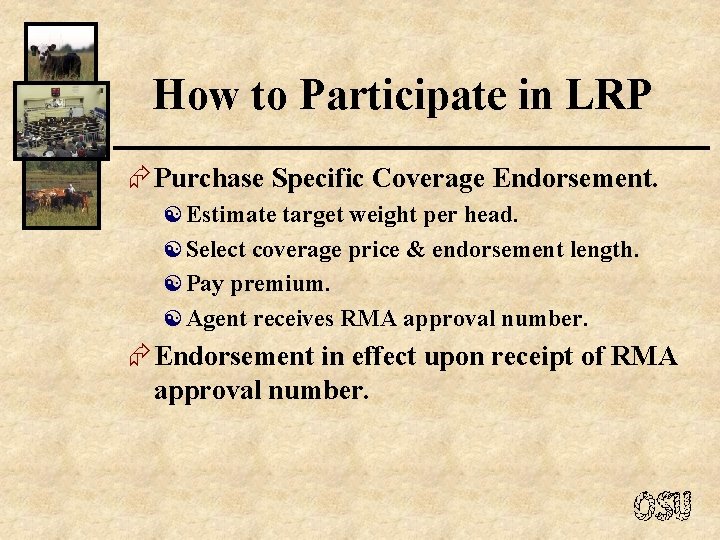 How to Participate in LRP Æ Purchase Specific Coverage Endorsement. [ Estimate target weight