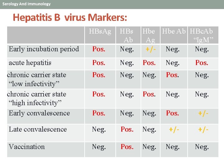 Hepatitis B virus Markers: HBs. Ag Early incubation period Pos. HBs Ab Neg. Hbe