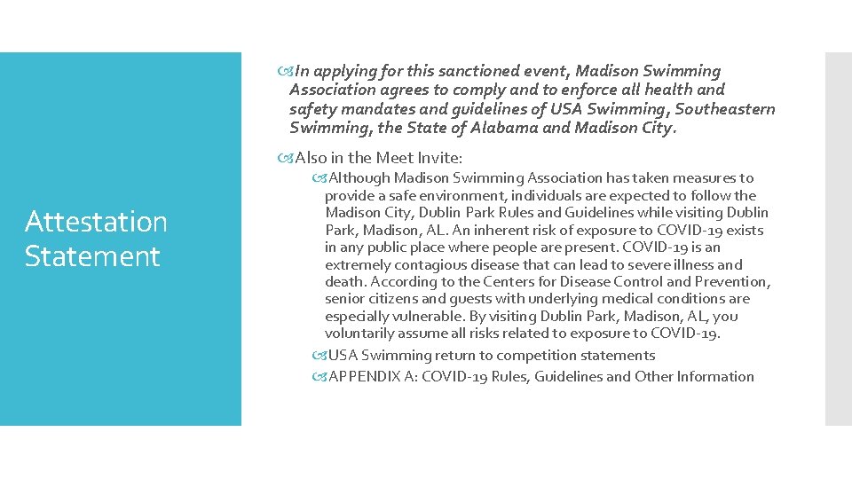  In applying for this sanctioned event, Madison Swimming Association agrees to comply and