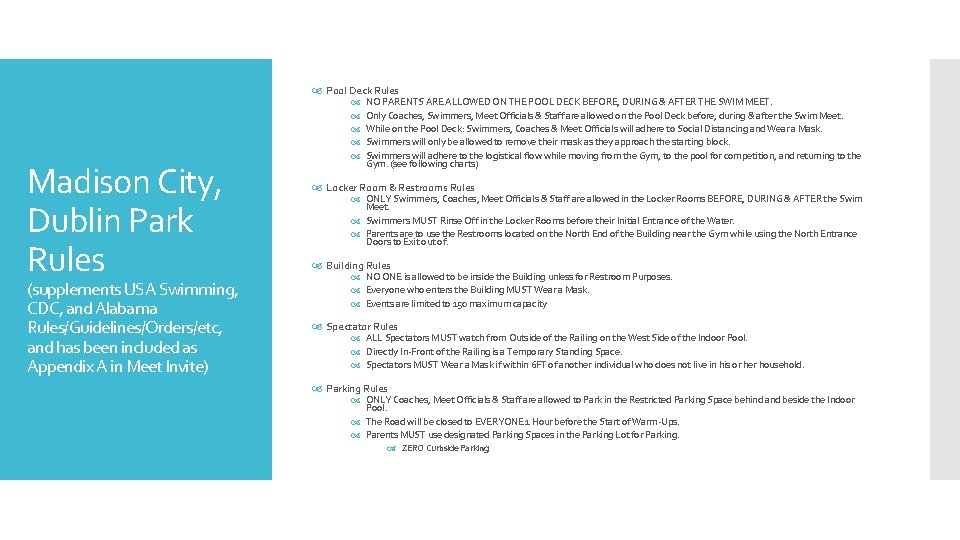  Pool Deck Rules Madison City, Dublin Park Rules (supplements USA Swimming, CDC, and