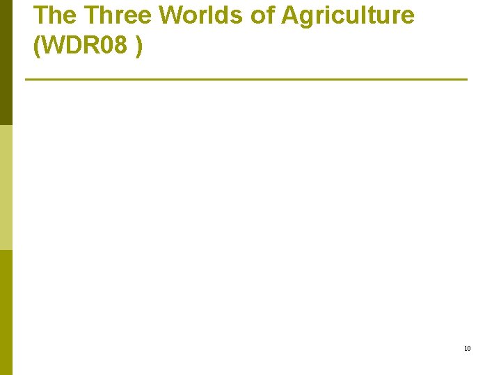 The Three Worlds of Agriculture (WDR 08 ) 10 