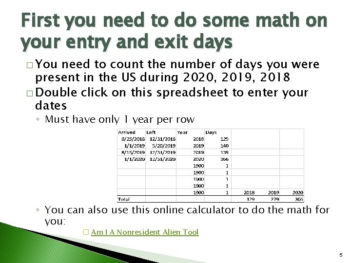 First you need to do some math on your entry and exit days �